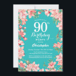 90th Birthday Pink Floral Flowers Blauwgroen achte Kaart<br><div class="desc">90th Birthday Pink Floral Flowers Blauwgroen Achtergrond Uitnodiging van de Dag van de Zaterdag. Voor verdere aanpassing,  te klikken gelieve de knoop "van de Aanpassing het"en ons ontwerphulpmiddel te gebruiken om deze sjabloon te wijzigen.</div>