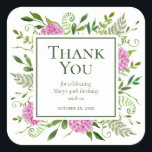 90th Birthday Pink Hydrangeas Hartelijk dank Vierkante Sticker<br><div class="desc">Deze vierkant, 90ste verjaardag, roze hydrangea bedankt jullie stickers met prachtige, wijze, veelkleurige waterverf groen zijn verbluffend en klassiek. Ze zouden er mooi uitzien dat ze vastzaten aan een geschenk dat na een 90e verjaardagsfeestje werd gegeven. In seconden kunt u zien hoe uw stickers eruit zullen zien. Selecteer deze Sjabloon...</div>