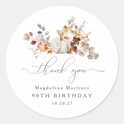 90th Birthday Pumpkin Herfst Flower Bedankt Ronde Sticker (Voorkant)