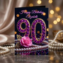 90th Birthday Purple Amethyst Jewels Pink Rose Kaart