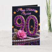 90th Birthday Purple Amethyst Jewels Pink Rose Kaart (Voorkant)