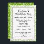 90th Birthday Random Number Pattern Green/White Kaart<br><div class="desc">Verzend aangepaste groene en witte uitnodigingen van het verjaardagsfeest om de 90ste verjaardag van iemand speciaal te vieren. Het 90e thema van de verjaardagspartij op de rug is een willekeurig aantalpatroon met het witte mijlpaal aantal 90 willekeurig verspreid op een groene achtergrond. De voorzijde heeft tekst sjablonen voor Who, Waar,...</div>