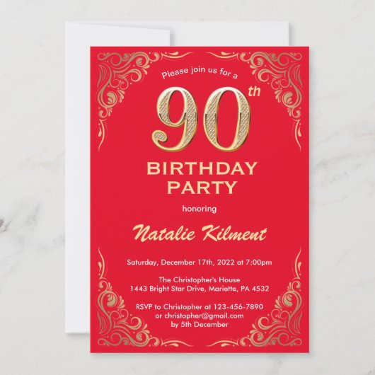 90th Birthday Red en Gold Glitter Lijst Kaart (Voorkant)