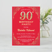 90th Birthday Red en Gold Glitter Lijst Kaart (Staand voorkant)