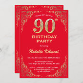 90th Birthday Red en Gold Glitter Lijst Kaart (Voorkant / Achterkant)