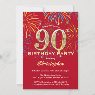 90th Birthday Red en Gold Rainbow Fireworks Kaart