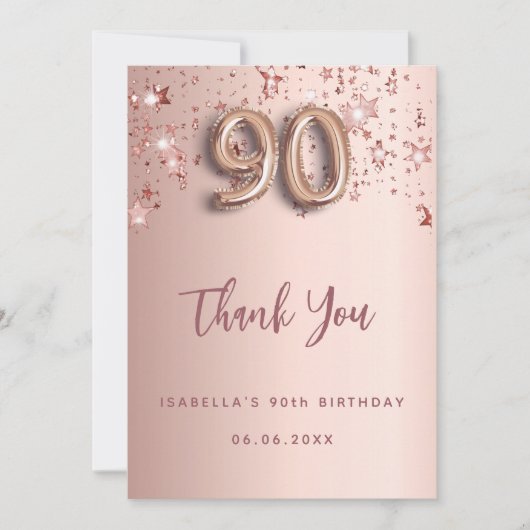 90th Birthday roos Gold Stars Dank u kaart (Voorkant)
