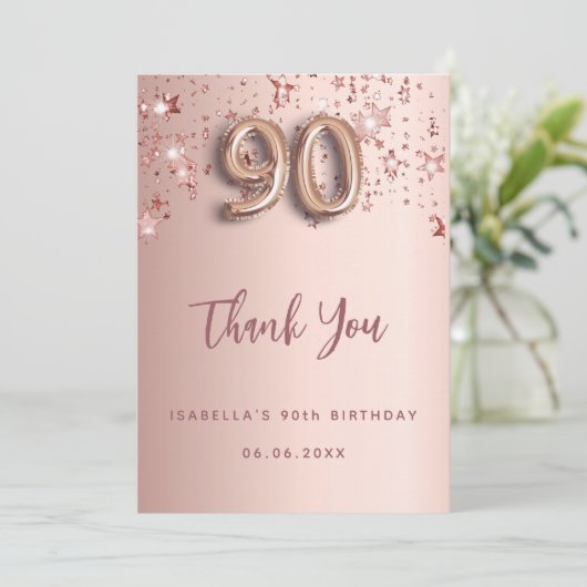 90th Birthday roos Gold Stars Dank u kaart (Staand voorkant)