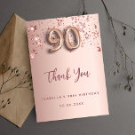 90th Birthday roos Gold Stars Dank u kaart<br><div class="desc">Een bedankje voor een 90ste verjaardag. Een roos gouden gradiënt achtergrondkleur. Met roos gouden druppelende stralende sterren. Aan de voorzijde: nummer 90 geschreven met een ballonstijl lettertype, groot donker roos goudkleurig handschrift en de tekst: Thank You, jouw tekst, titel en een datum. Terug: Personaliseer en voeg uw bedankbriefje en naam...</div>