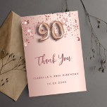 90th Birthday roos Gold Stars Dank u kaart<br><div class="desc">Een bedankje voor een 90ste verjaardag. Een roos gouden gradiënt achtergrondkleur. Met roos gouden druppelende stralende sterren. Aan de voorzijde: nummer 90 geschreven met een ballonstijl lettertype, groot donker roos goudkleurig handschrift en de tekst: Thank You, jouw tekst, titel en een datum. Terug: Personaliseer en voeg uw bedankbriefje en naam...</div>