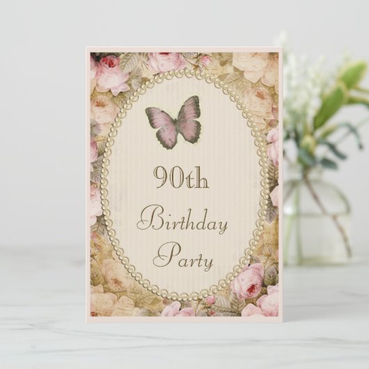 90th Birthday  Rozen Butterfly, Muzieknoten Kaart (Staand voorkant)