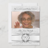 90th Birthday - Silver Damask Fotouitnodiging Kaart (Voorkant)