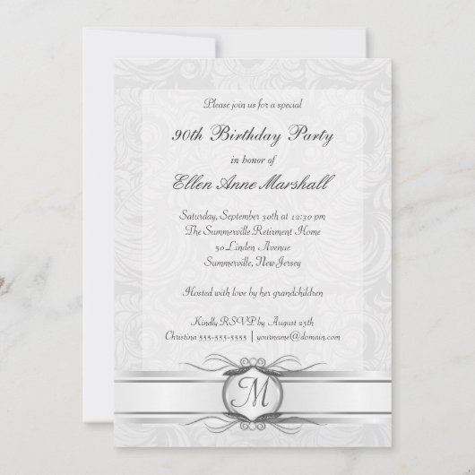 90th Birthday - Silver Damask Fotouitnodiging Kaart (Achterkant)