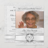 90th Birthday - Silver Damask Fotouitnodiging Kaart (Voorkant / Achterkant)
