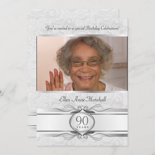 90th Birthday - Silver Damask Fotouitnodiging Kaart (Voorkant / Achterkant)