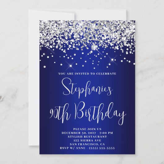 90th Birthday Silver Glitter Royal Blue Navy Ombre Kaart (Voorkant)