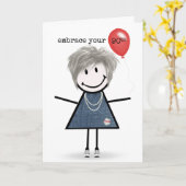 90th Birthday Stick Figuur Girl met rode ballon9 Kaart (Gele Bloem)