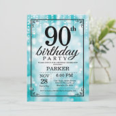 90th Birthday Uitnodiging Blauwgroen Glitter (Staand voorkant)