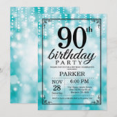 90th Birthday Uitnodiging Blauwgroen Glitter (Voorkant / Achterkant)