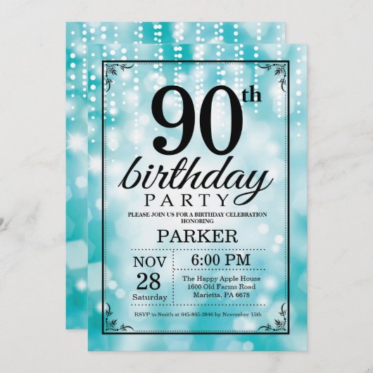 90th Birthday Uitnodiging Blauwgroen Glitter (Voorkant / Achterkant)