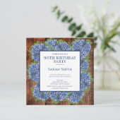90th Birthday Wood Blue Hydrangeas Rustic Party Kaart (Staand voorkant)
