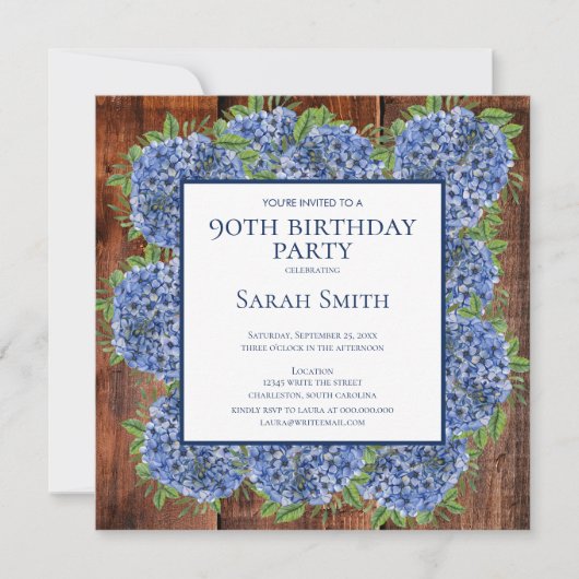 90th Birthday Wood Blue Hydrangeas Rustic Party Kaart (Voorkant)