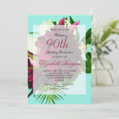 90th Blue Cream Floral Elegant Modern Birthday Kaart (Staand voorkant)