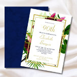 90th Blue Gold Floral Elegant Modern Birthday Kaart<br><div class="desc">Een marineblauw getextureerd patroon is de achtergrond van deze grote bloemige levende koraalbouquet voor de 90e verjaardag van het klooster. Een elegant modern ontwerp dat gemakkelijk aan uw eigen informatie wordt aangepast. Een modern elegant ontwerp van alleen maar fijne Design</div>