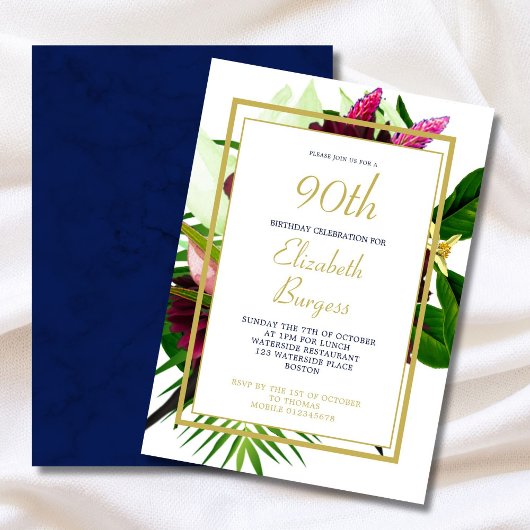90th Blue Gold Floral Elegant Modern Birthday Kaart