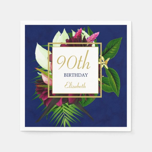 90th Blue Gold Floral Elegant Modern Birthday Servet (Voorkant)
