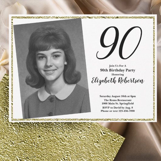 90th Custom Photo White and Gold Kaart