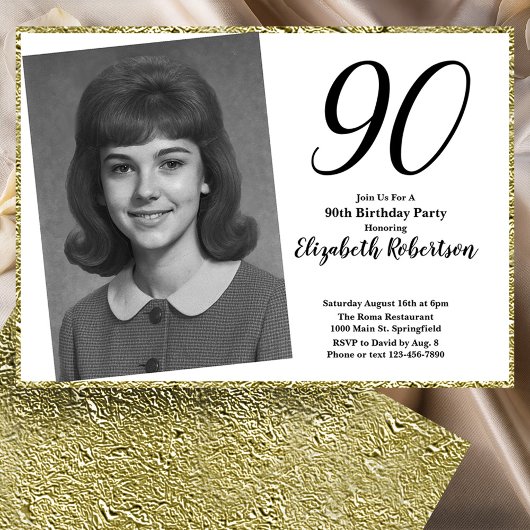 90th Custom Photo White and Gold  Kaart