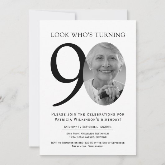 90th Elegant Black and White Photo Birthday Kaart (Voorkant)