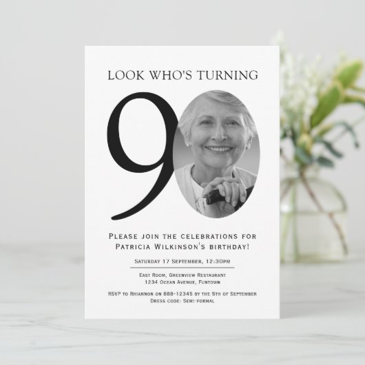 90th Elegant Black and White Photo Birthday Kaart (Staand voorkant)