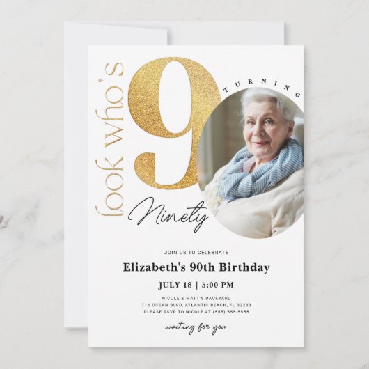 90th Gold Birthday Uitnodiging met foto (Voorkant)