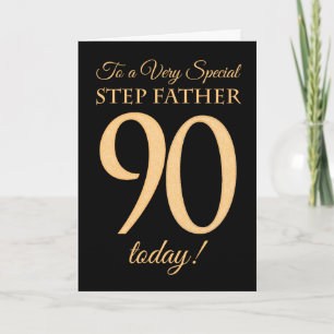 90th Gold-effect op Black, Step Father Birthday Kaart