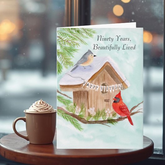 90th Happy Birthday Birds at Birdhouse Kaart