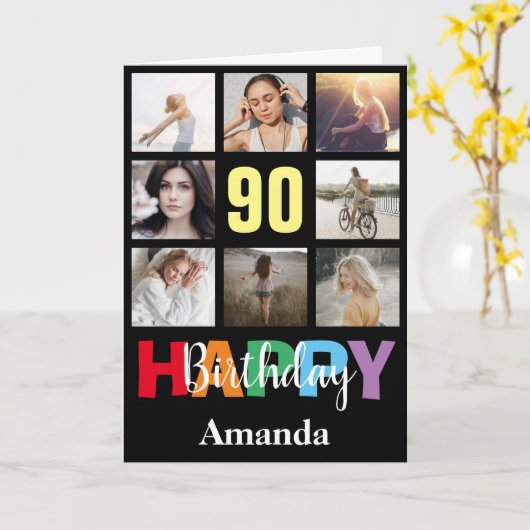 90th Happy Birthday Foto Collage Modern Black Kaart (Gele Bloem)
