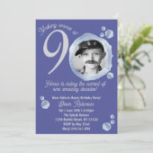 90th Indigo Blue Bubble Birthday Party Photo Kaart (Staand voorkant)