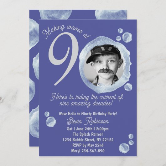 90th Indigo Blue Bubble Birthday Party Photo Kaart (Voorkant / Achterkant)