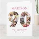 90th Number Photo Collage Name Pink Greeting Kaart<br><div class="desc">Modern Trendy Roze 90th Number Foto Collage Aangepast Wenskaart</div>