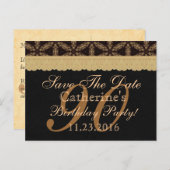 90th Save the Date Birthday Bleek Gold Lace Black Aankondigingskaart (Voorkant / Achterkant)