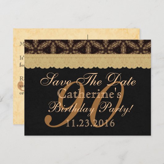 90th Save the Date Birthday Bleek Gold Lace Black Aankondigingskaart (Voorkant / Achterkant)