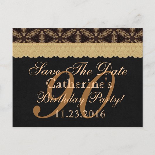 90th Save the Date Birthday Bleek Gold Lace Black Aankondigingskaart (Voorkant)