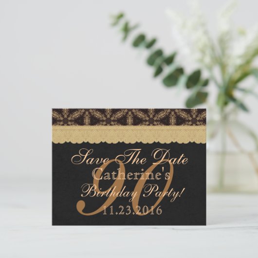90th Save the Date Birthday Bleek Gold Lace Black Aankondigingskaart (Staand voorkant)