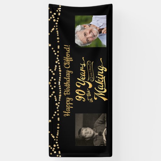 90th Verjaardag Zwart Goud String Lights Retro Fot Spandoek (Verticaal)