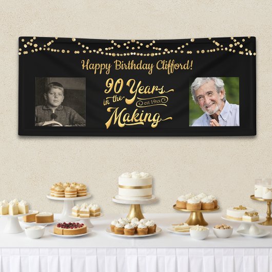 90th Verjaardag Zwart Goud String Lights Retro Fot Spandoek