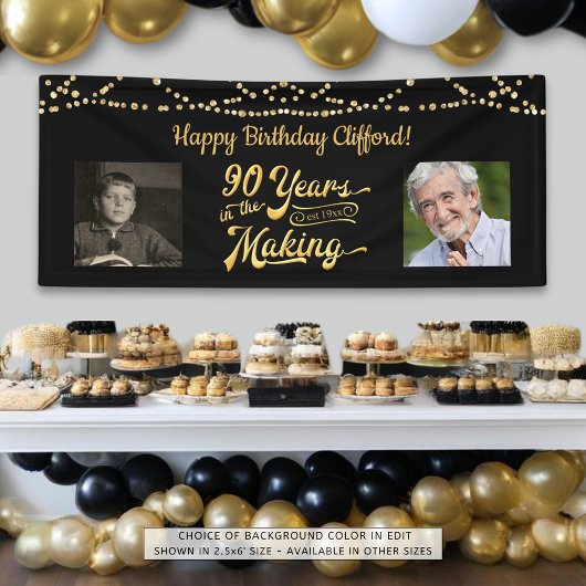 90th Verjaardag Zwart Goud String Lights Retro Fot Spandoek