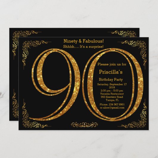 90th, Verjaardagsfeest, Negentig, Gatsby, zwart & Kaart (Voorkant / Achterkant)