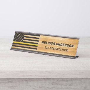 911 Dispatcher Thin Gold Line Flag Rustic Wood Bureau Naambordje